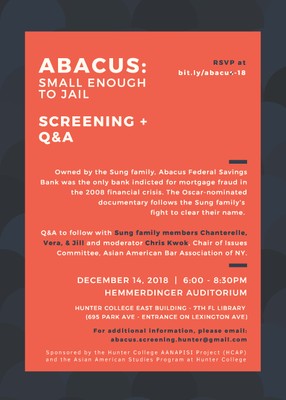 December 14th Film Screening and Q&A 'Abacus: Small Enough to Jail' 